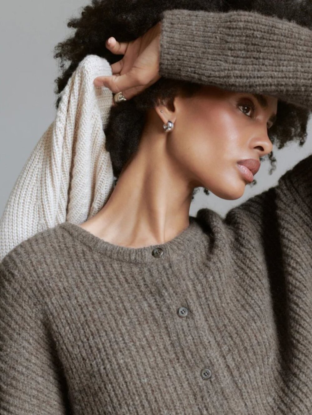 Jenni Kayne Hayes Alpaca Wool Ribbed Crewneck Cardigan in Driftwood